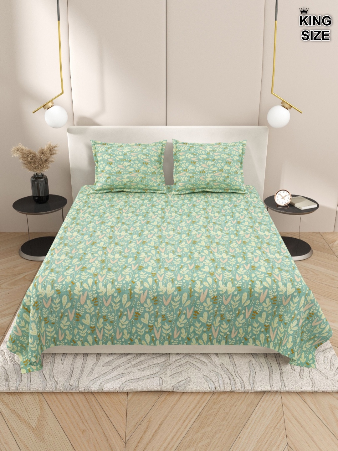 

DREAM WEAVERZ Green & White Floral 220 TC King Bedsheet with 2 Pillow Covers