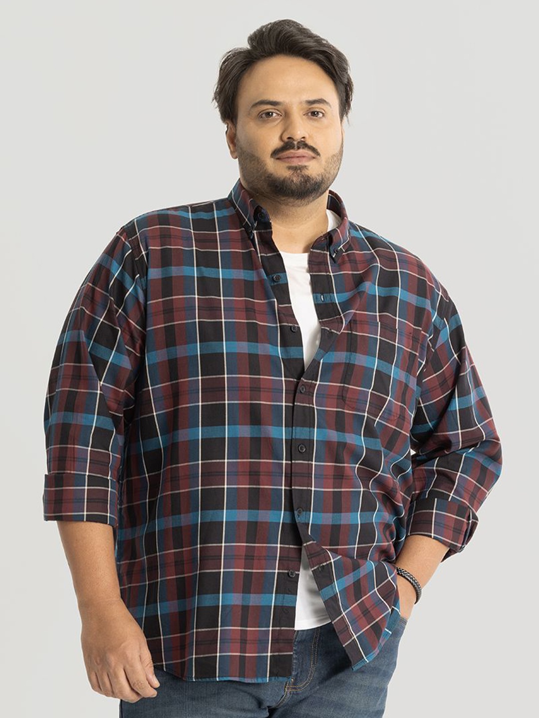 

Snitch Plus Size Men Relaxed Tartan Checks Opaque Checked Casual Shirt, Brown