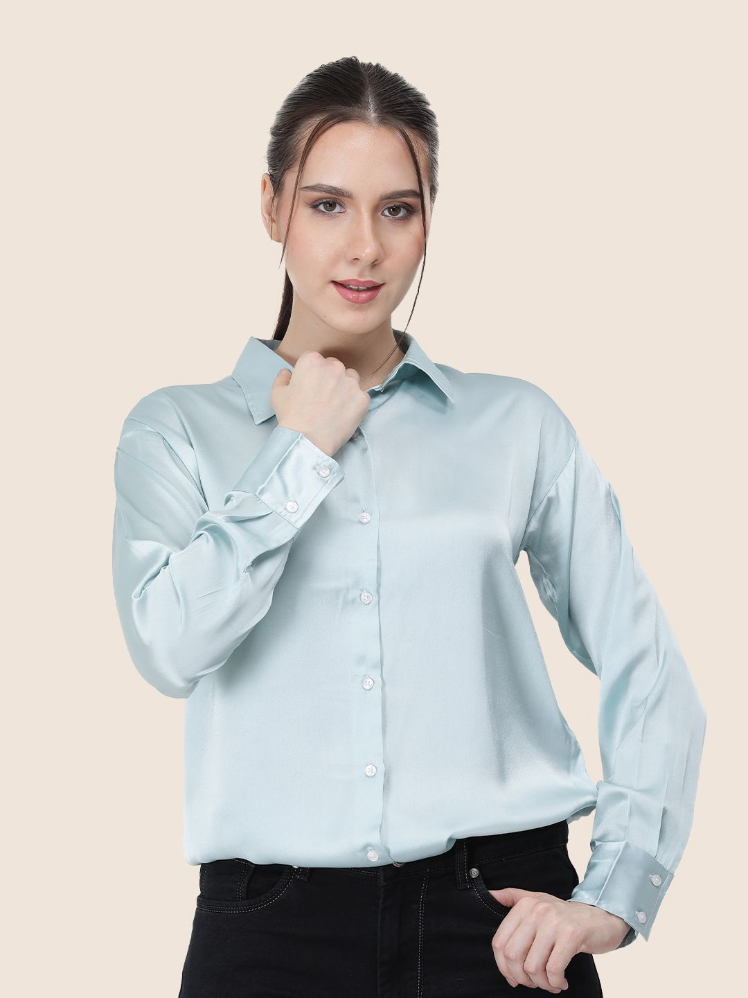 

AMSWAN Women Premium Spread Collar Solid Relaxed Fit Casual Shirt, Blue