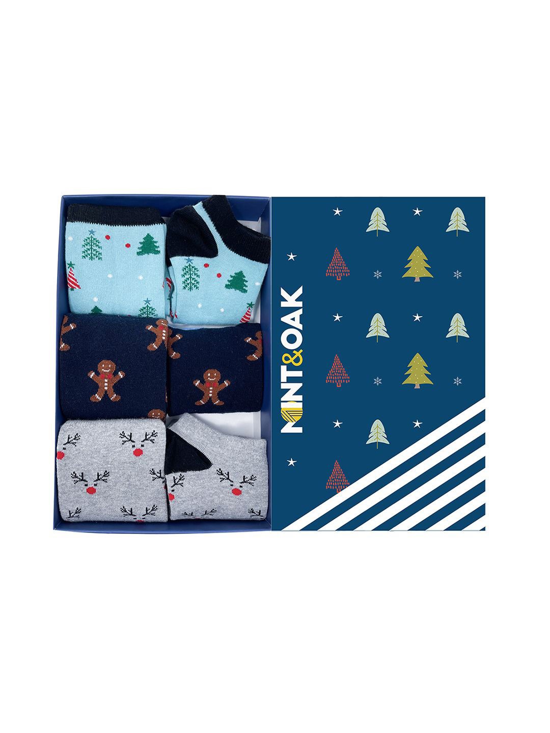 

Mint & Oak Men Unisex Pack Of 6 Patterned Cotton Calf-Length Socks, Turquoise blue