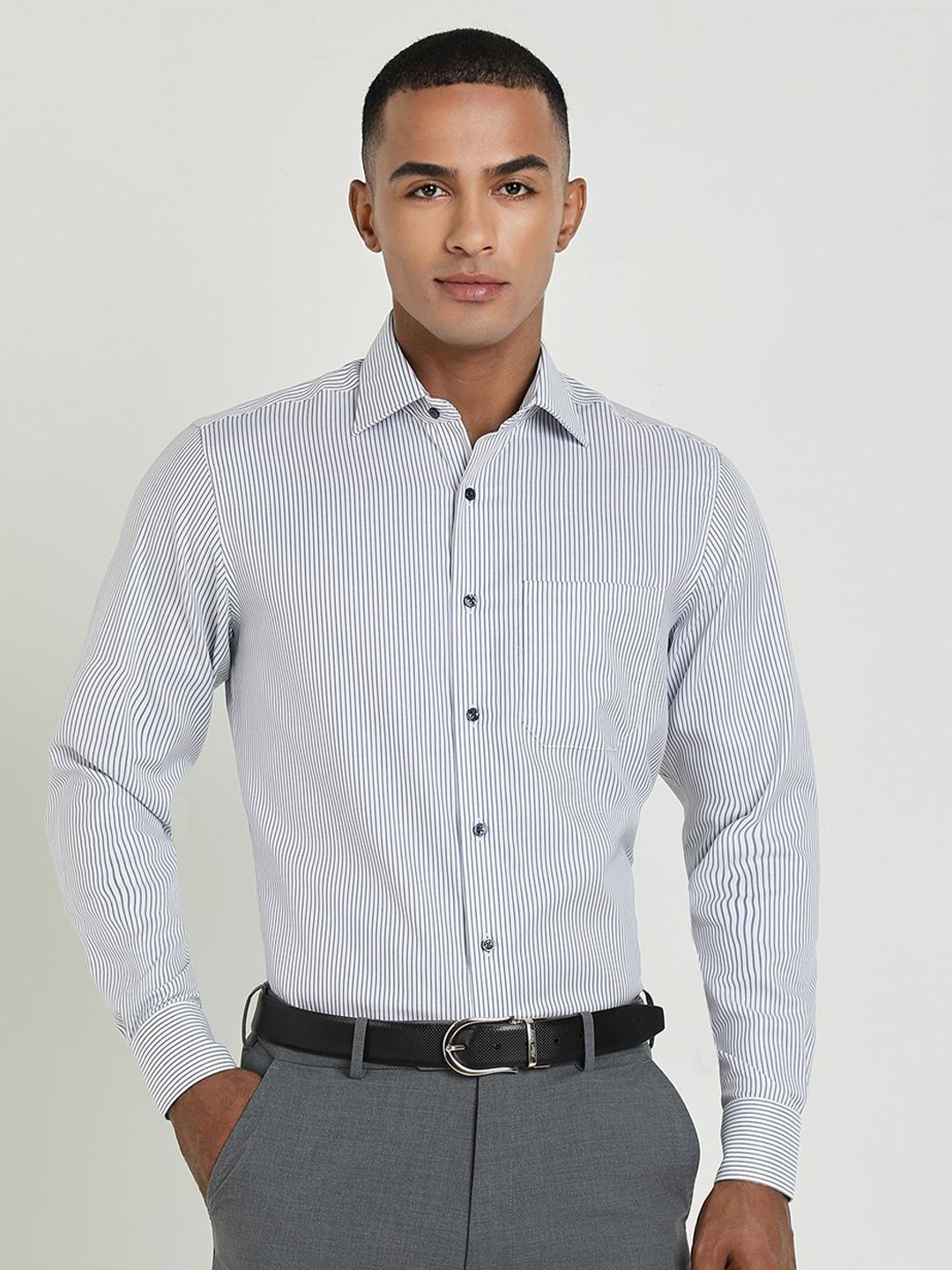 

Allen Solly Sport Men Spread Collar Vertical Striped Cotton Formal Shirt, Grey