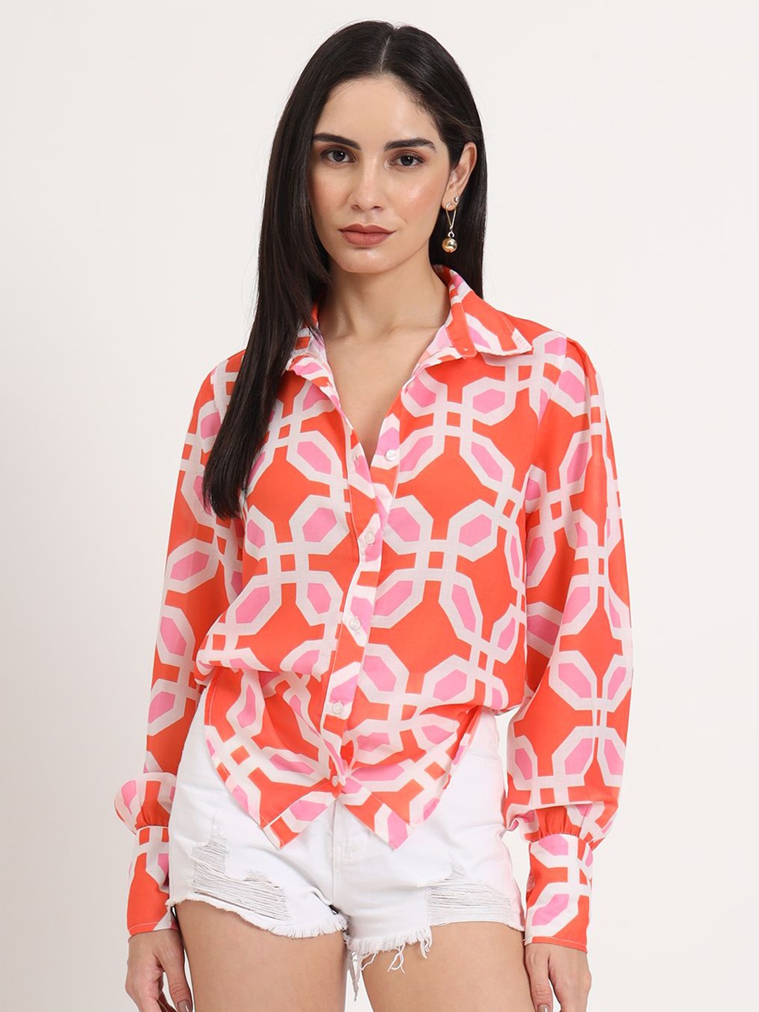 

AMSWAN Women Premium Spread Collar Abstract Printed Relaxed Fit Casual Shirt, Orange