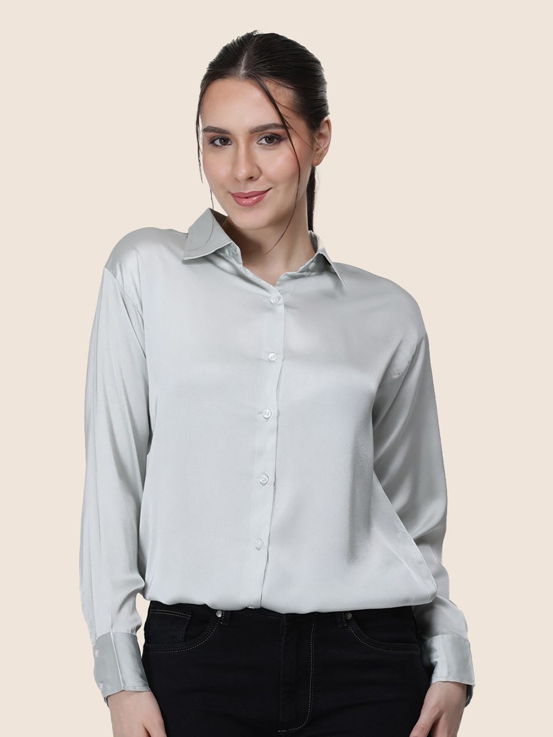 

AMSWAN Women Premium Spread Collar Solid Relaxed Fit Casual Shirt, Silver