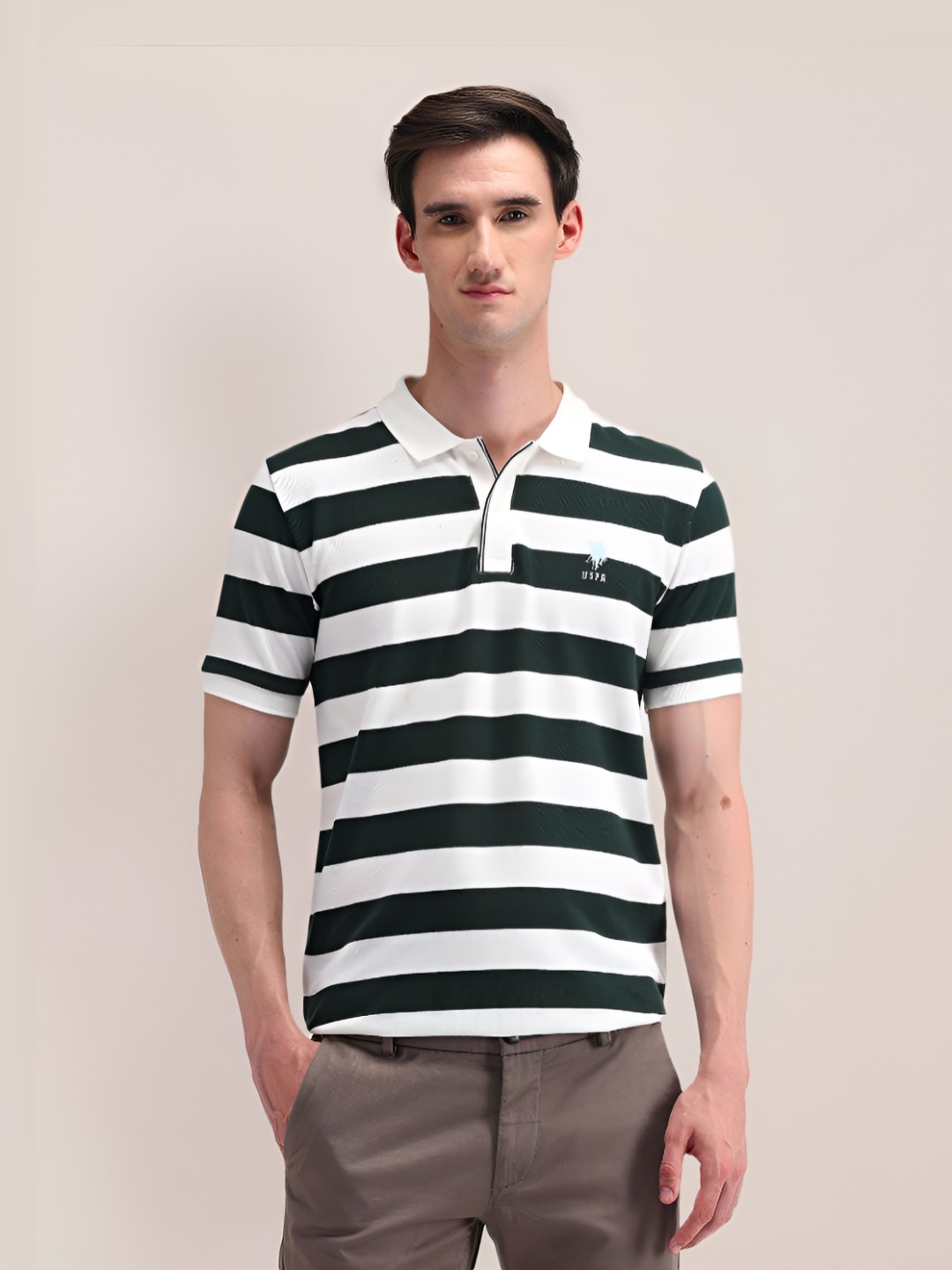 

U.S. Polo Assn. Men Striped Polo Collar Cotton Slim Fit T-Shirt, Green