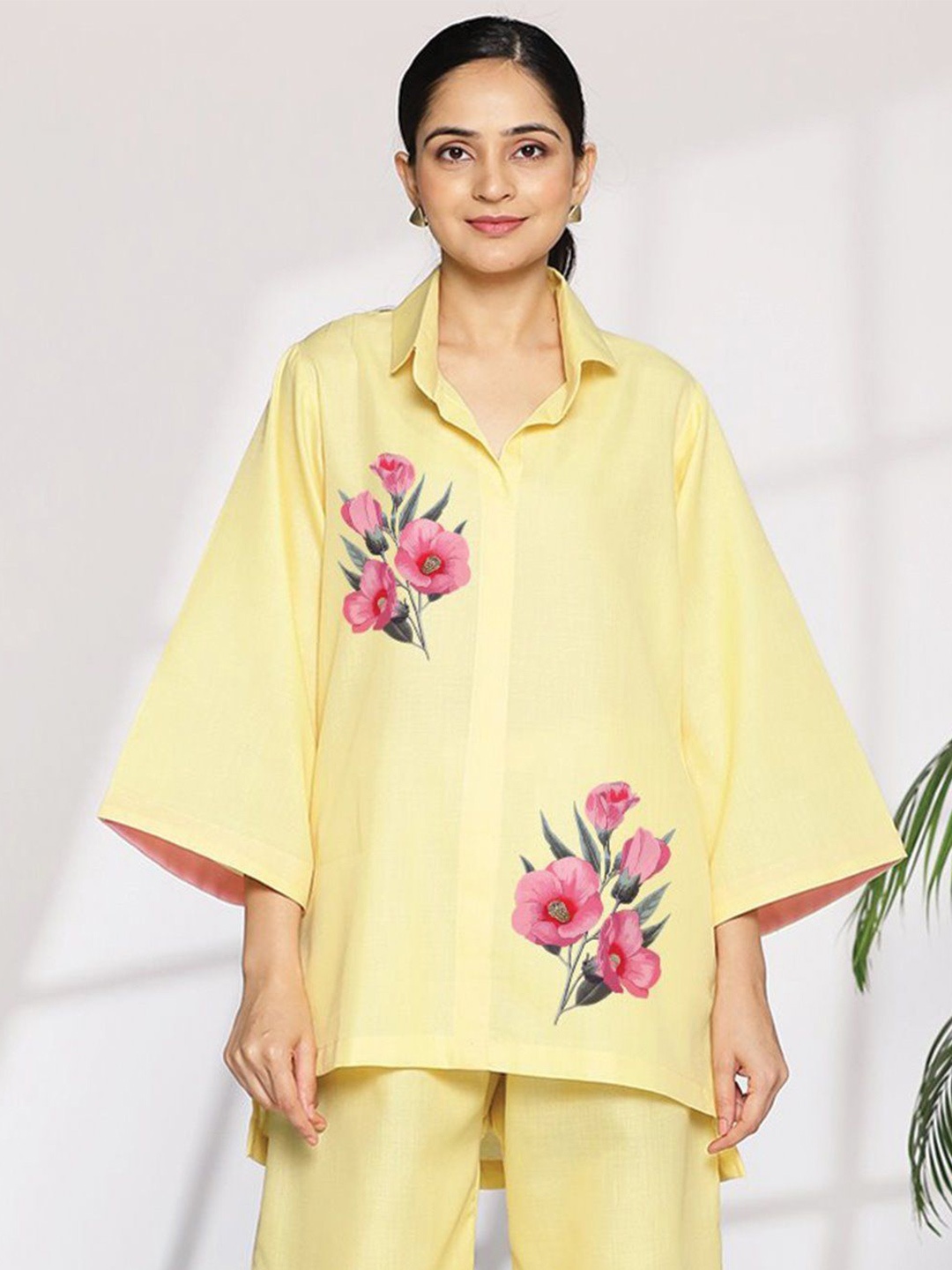 

LetsDressUp Women Floral Printed Lapel Collar Pure Cotton Top, Yellow