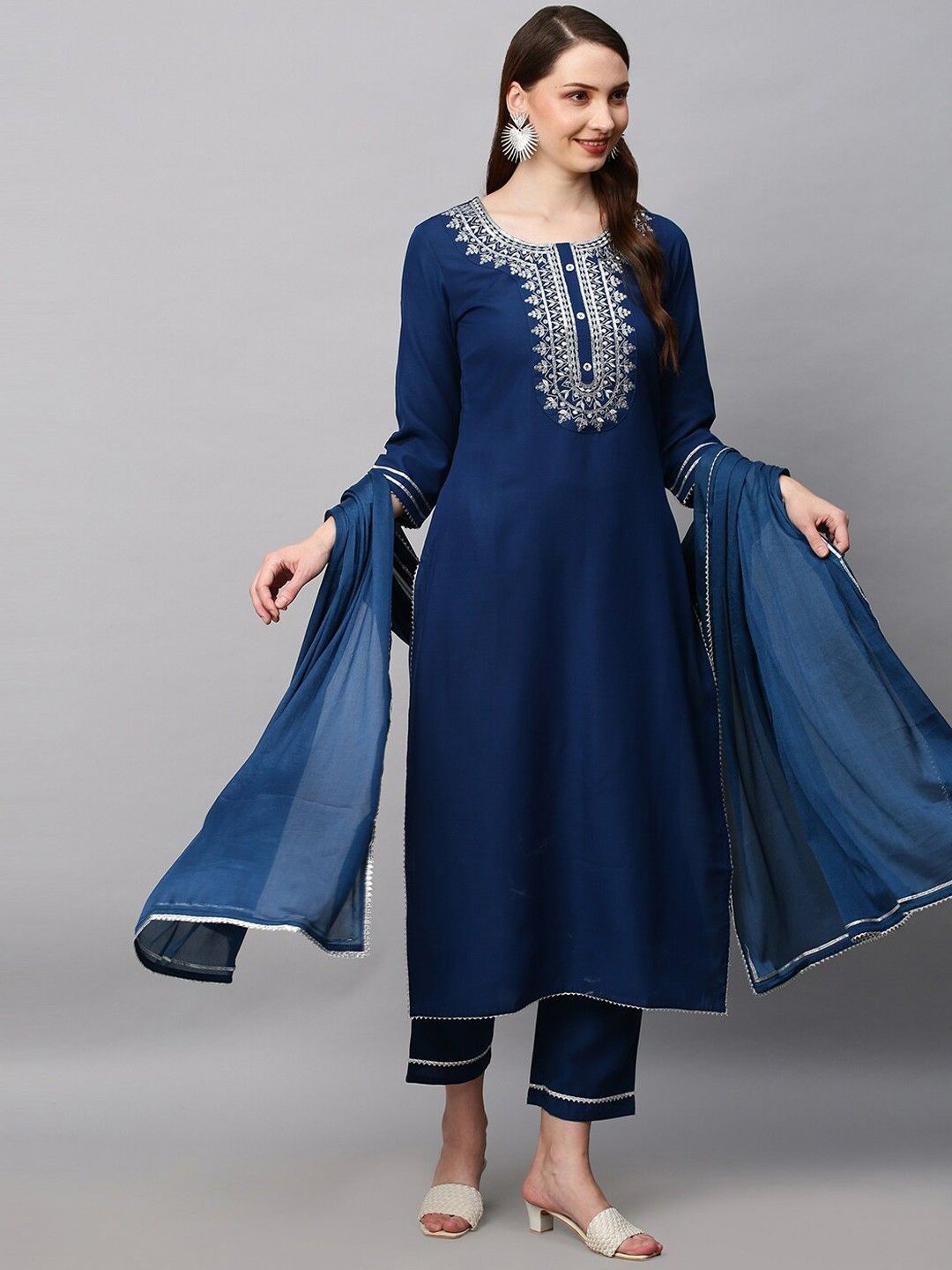 

GoSriKi Floral Yoke Design Zari Work Straight Kurta With Trousers & Dupatta, Blue