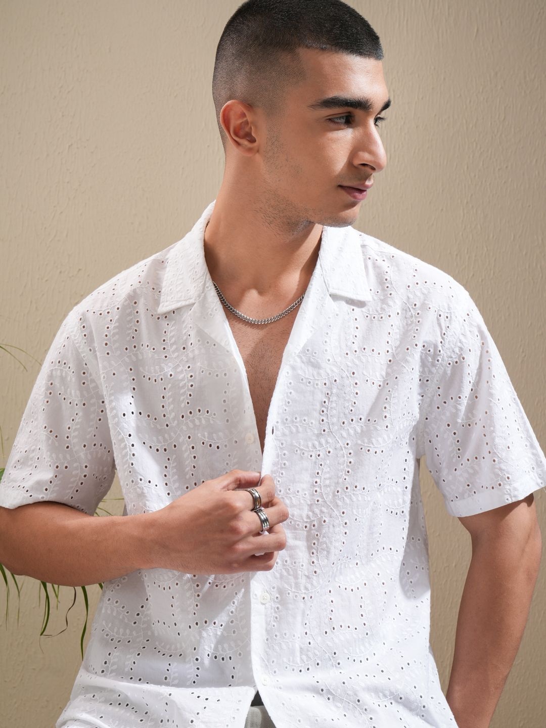 

Highlander Men Schiffli Embroider Cuban Collar Relaxed Shirt, White