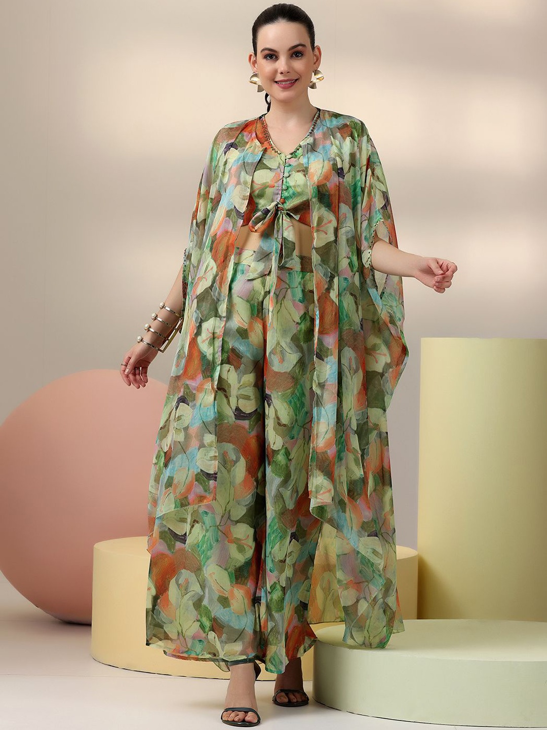 

Libas Green Floral Printed V-Neck Top and Shrug With Palazzo