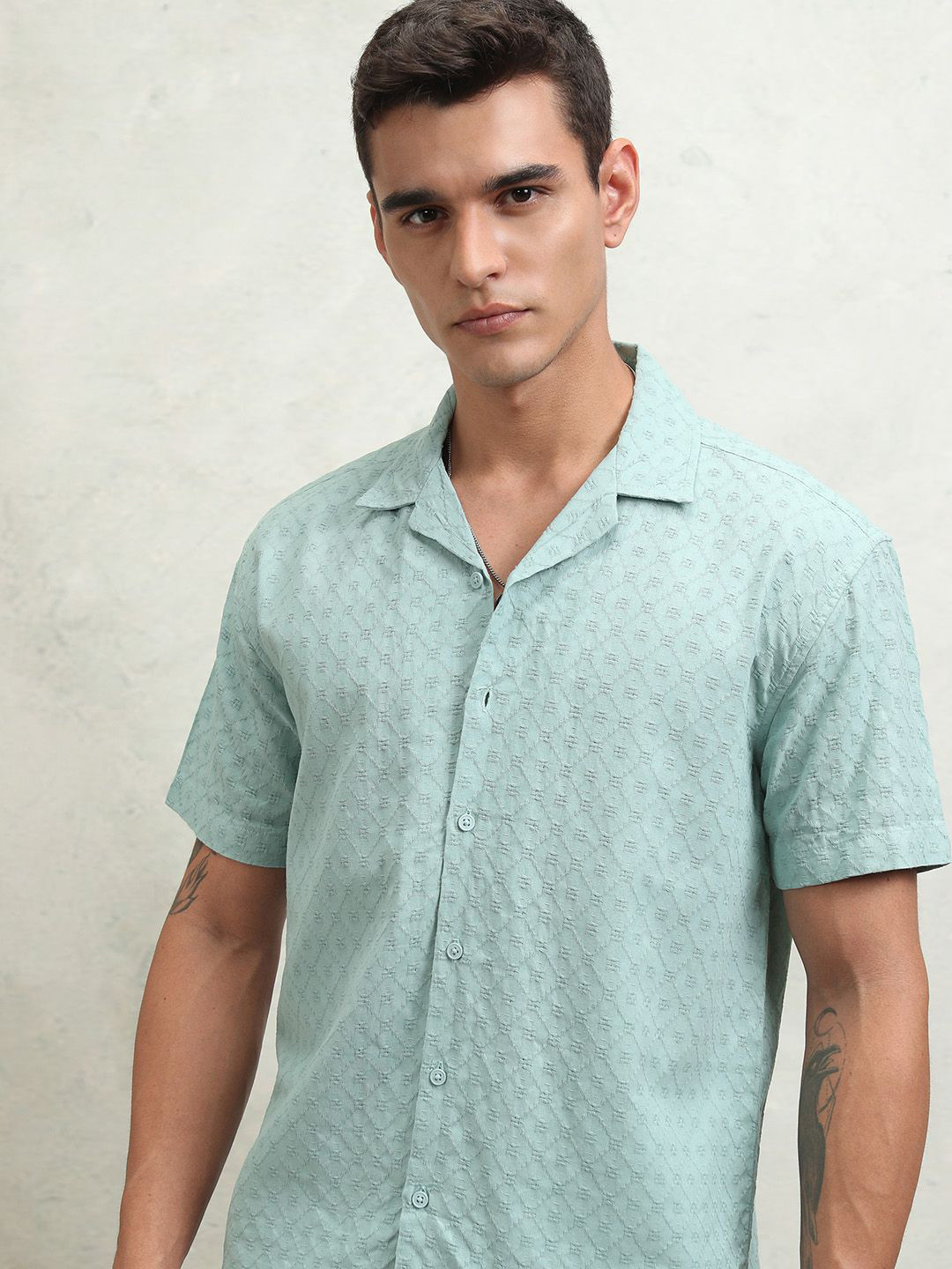 

Highlander Men Dobby Textured Solid Cuban Collar Relaxed Shirt, Green