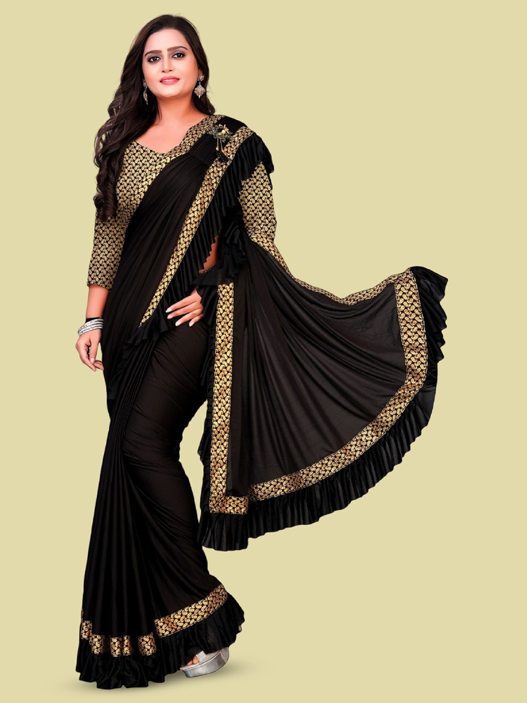 

Aika Ruffled Embellished Zari Saree, Black