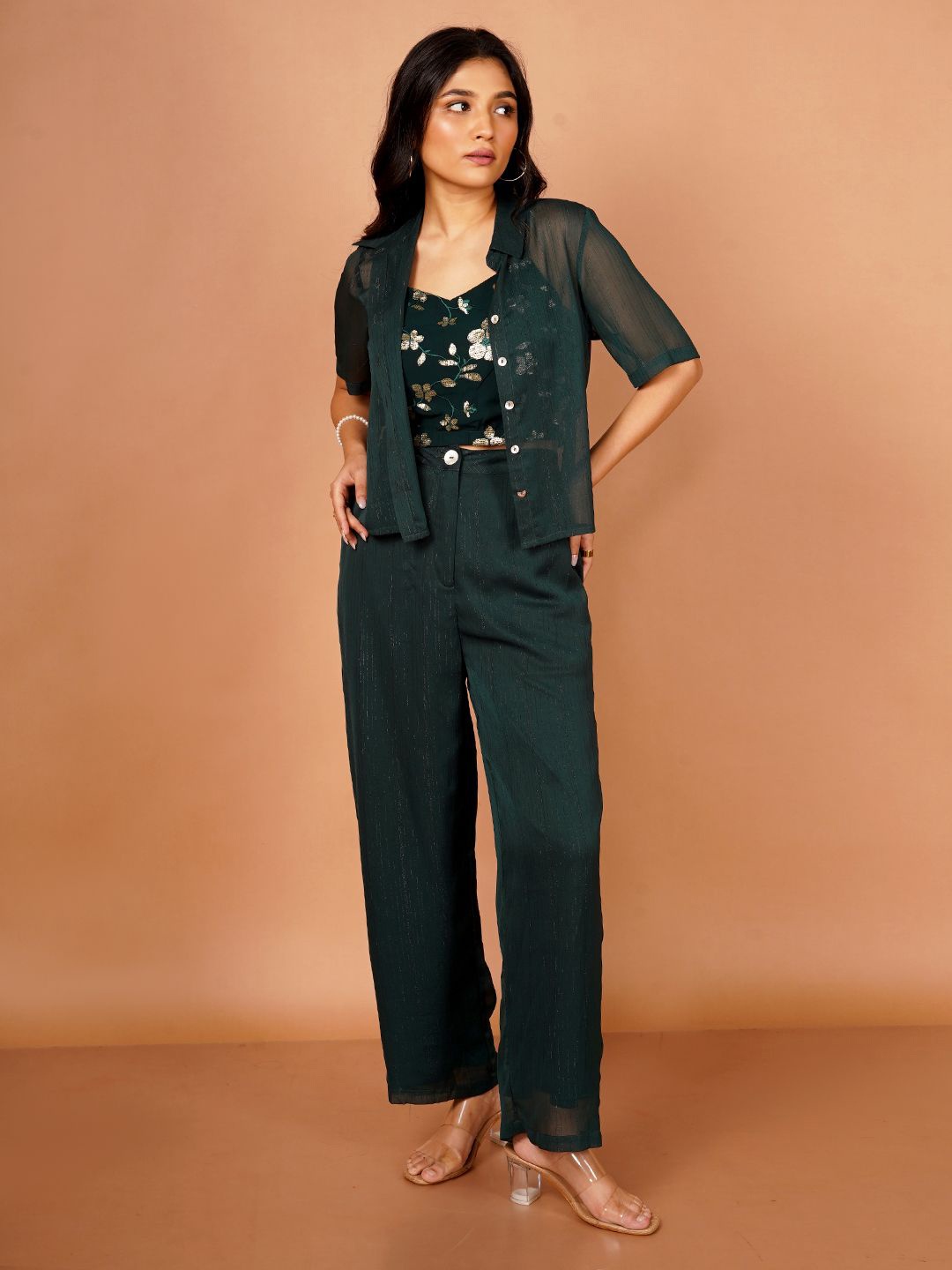 

Zink London Embroidered Top & Trousers With Shrug, Green