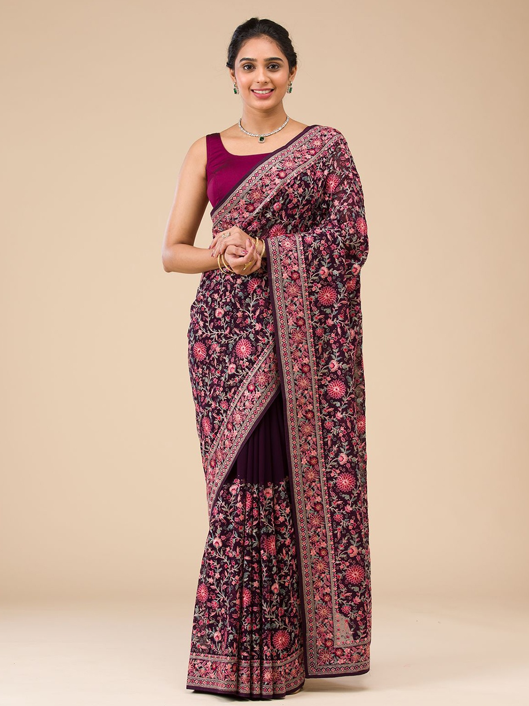 

Koskii Embroidered Pure Georgette Saree, Purple