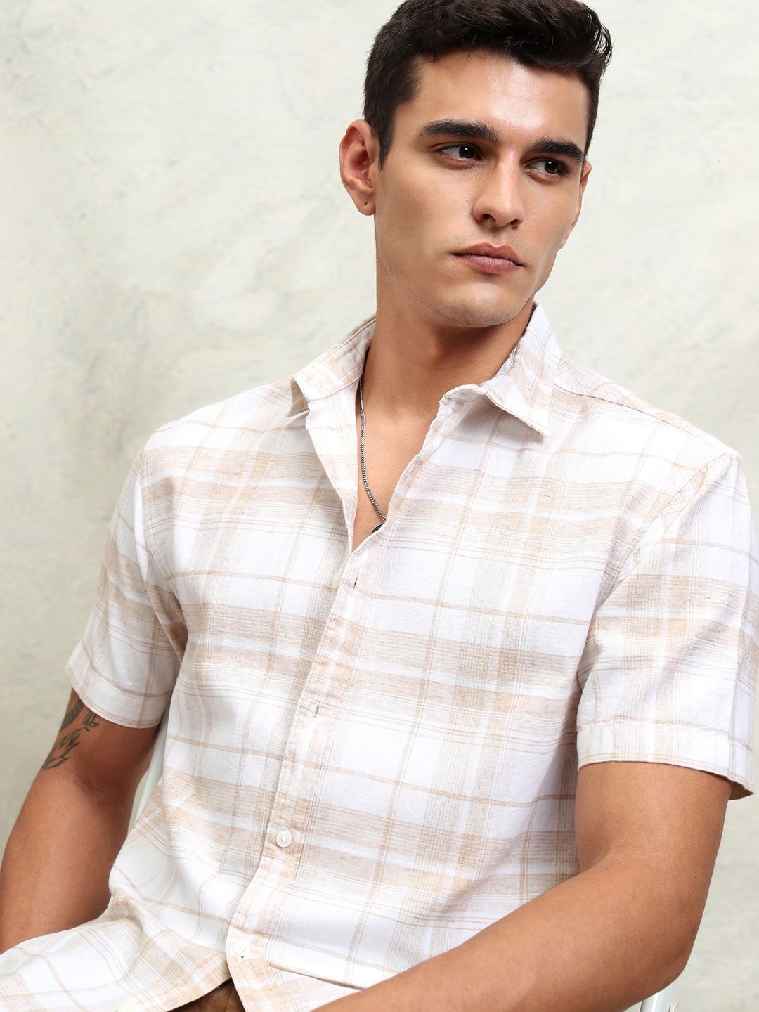 

Highlander Men Natural Yarn Checked Relaxed Shirt, Beige