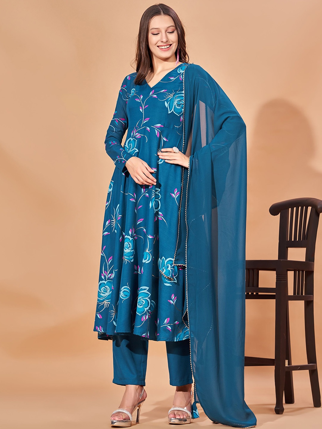 

FAB GALAXY Floral Printed Gotta Patti Anarkali Kurta with Trousers & Dupatta, Teal