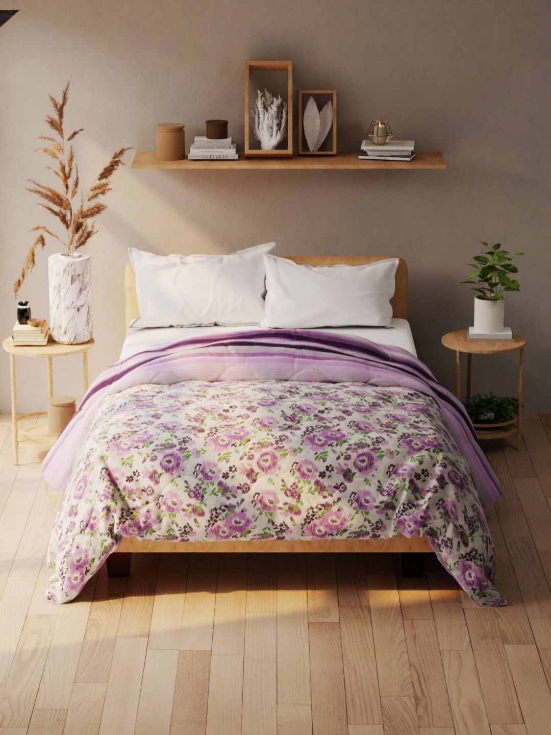 

KOPA Purple & Green Floral Printed 120 GSM Microfiber AC Room Double Bed Comforter