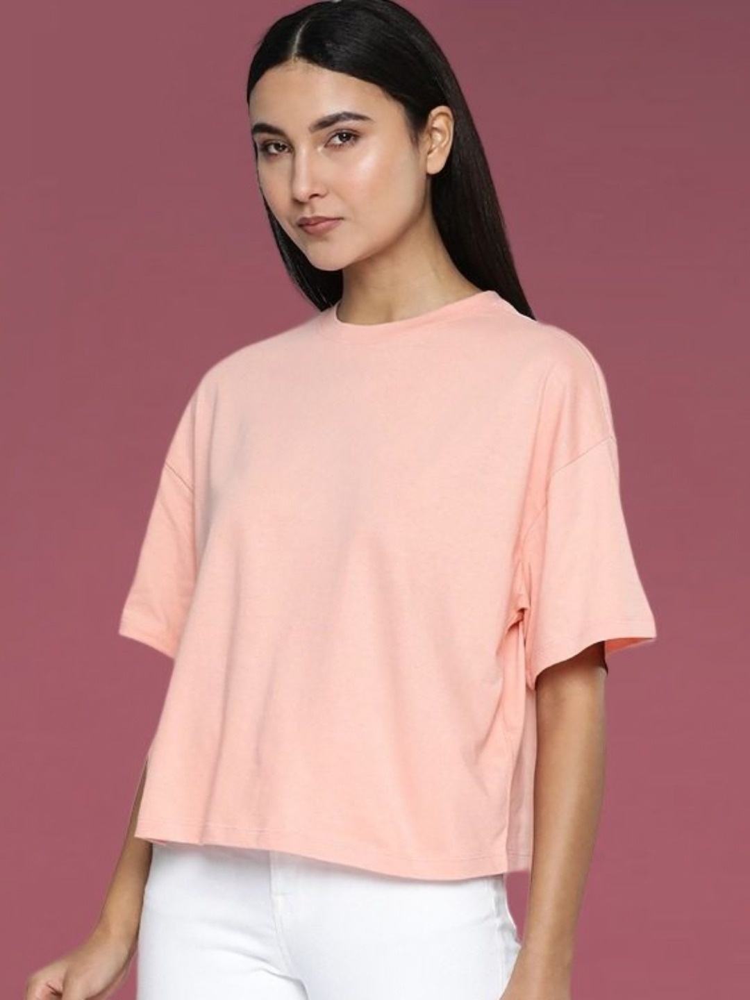 

DressBerry Women Drop-Shoulder Sleeves Boxy T-shirt, Pink