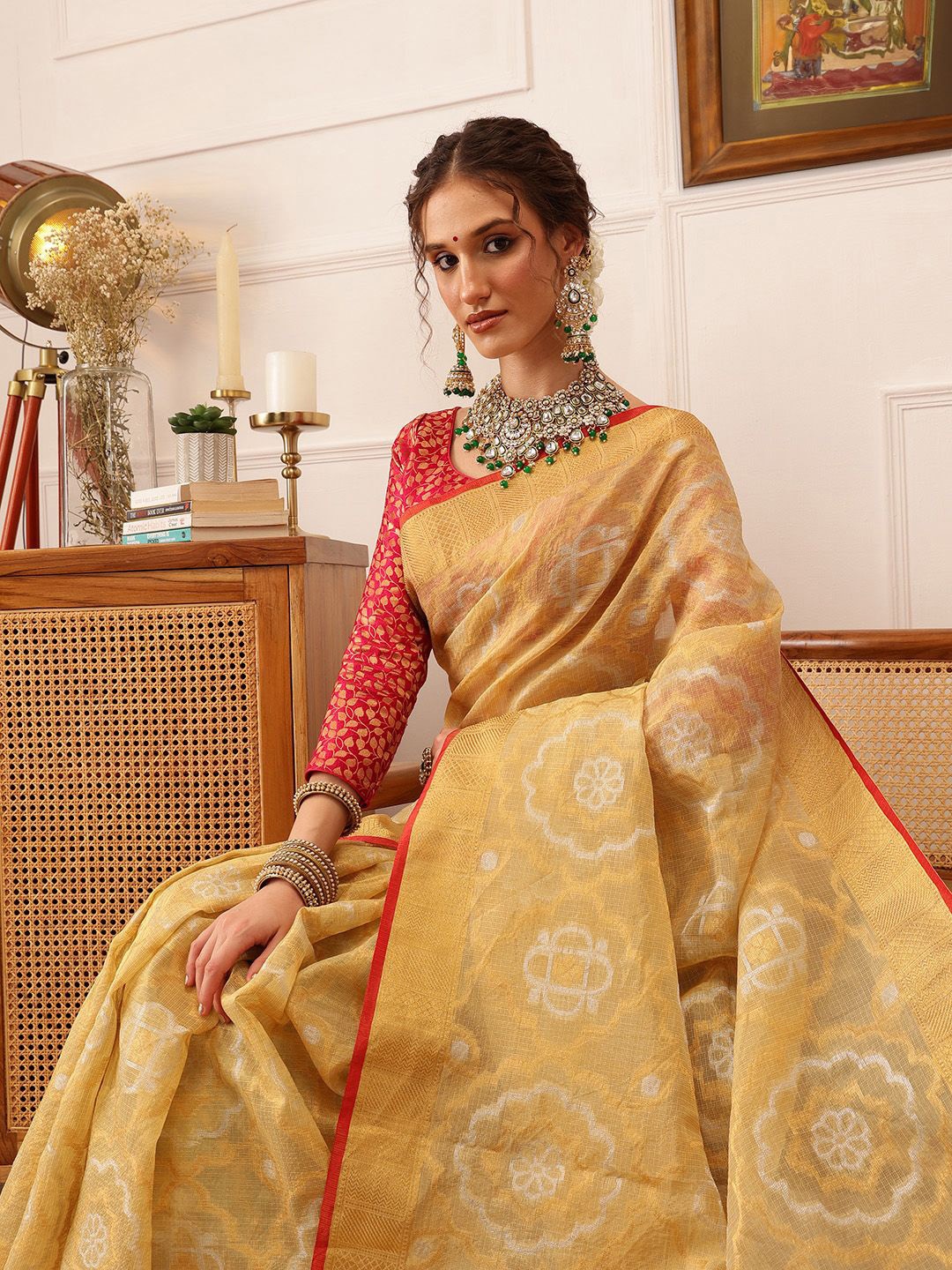 

Silk Land Ethnic Motifs Zari Silk Blend Banarasi Saree, Beige