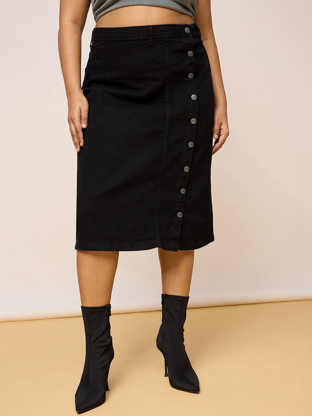 

FREAKINS A-Line Denim Midi Skirts, Black