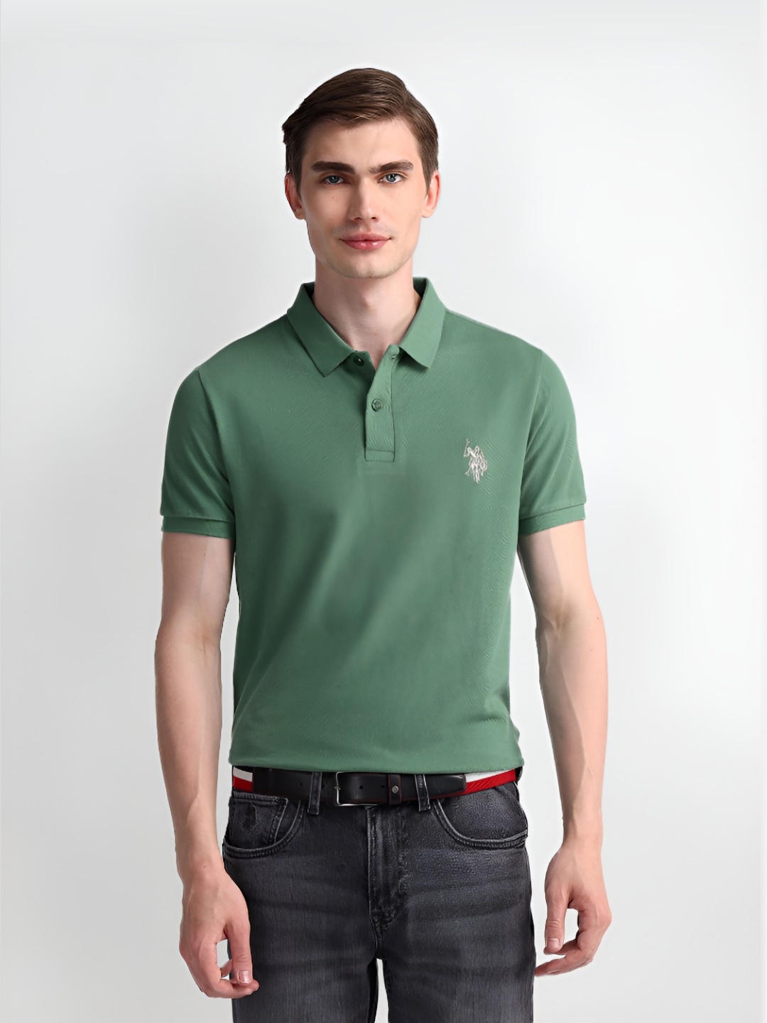 

U.S. Polo Assn. Men Solid Polo Collar Cotton Slim Fit T-Shirt, Green