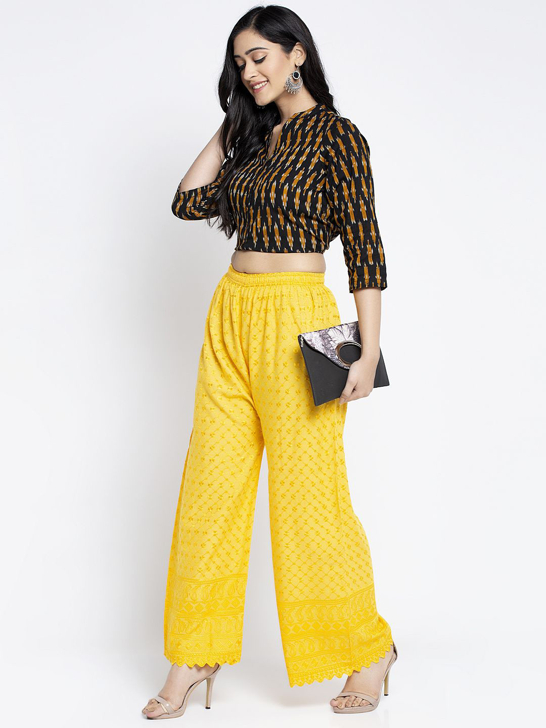 

GRACIT Women Embroidered Flared Palazzos, Yellow