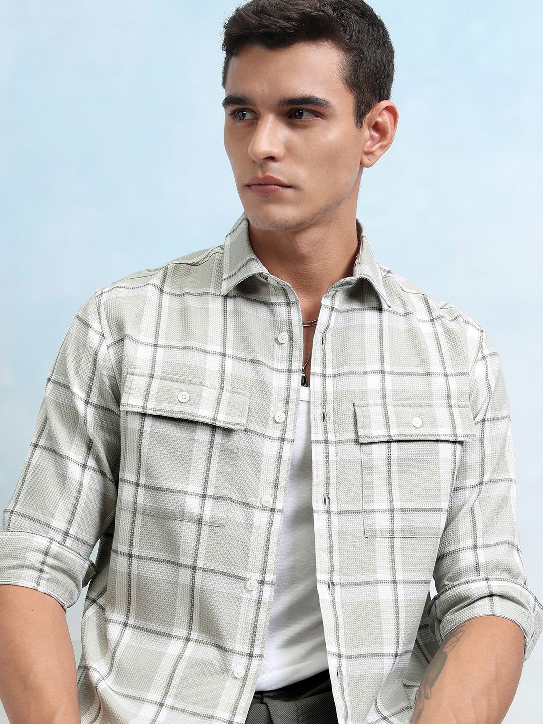 

Highlander Men Mini Waffle Dobby Textured Checked Utility Pocket Relaxed Shirt, Grey