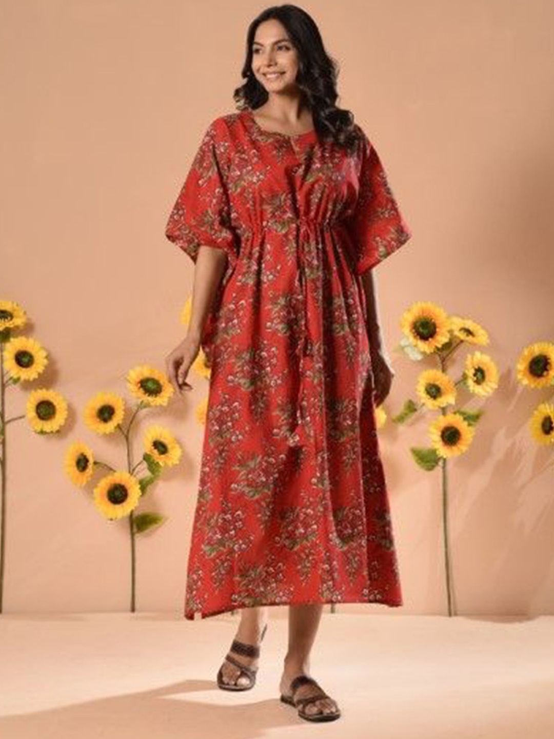 

DIMPLE DESIGN STUDIO Floral Printed Cotton Kimono Sleeves Kaftan Midi Dress, Red