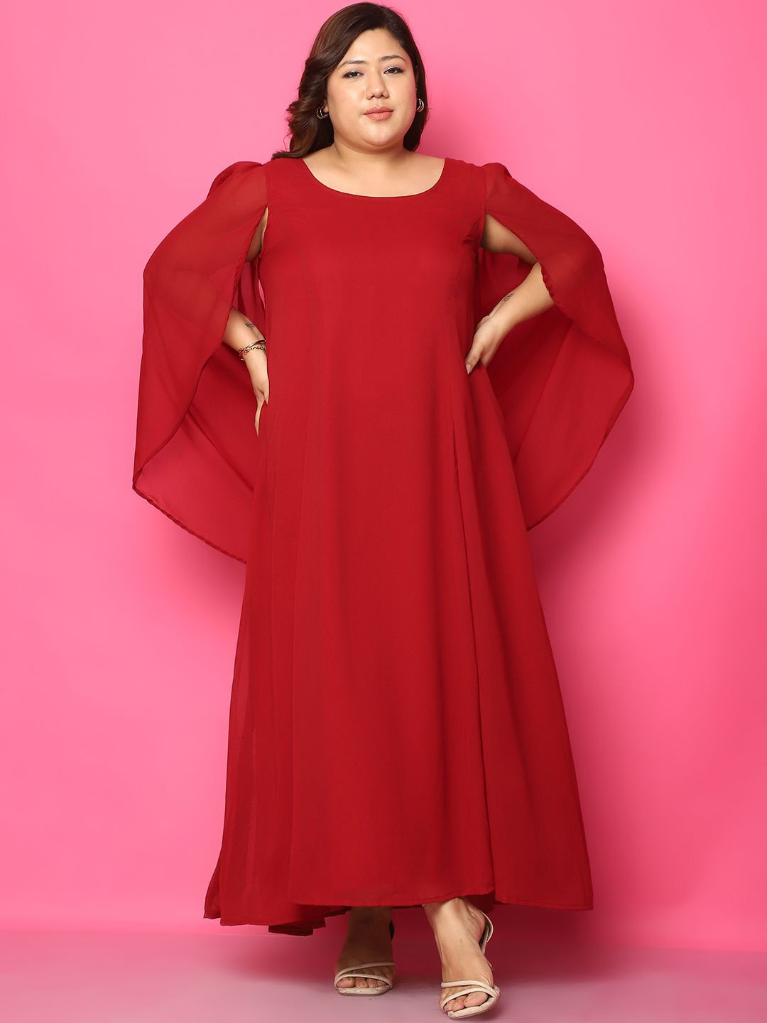 

theRebelinme Plus Size Slit Sleeve Georgette A-Line Maxi Dress, Maroon