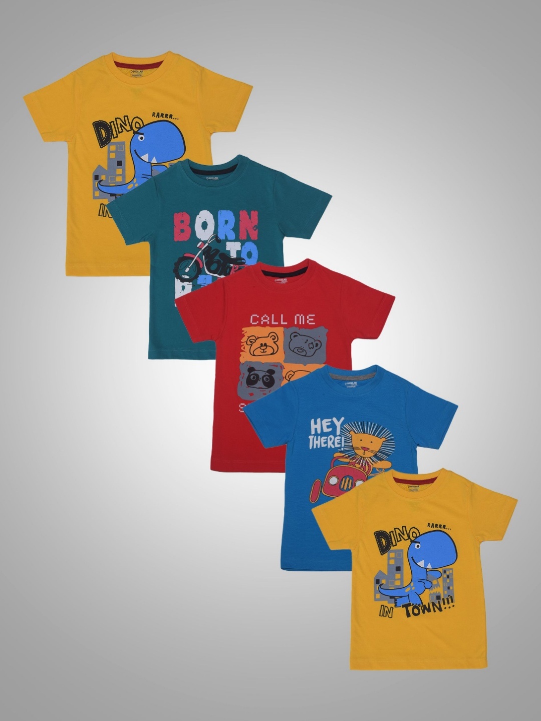 

Dollar Champion Kidswear Boys Pack Of 5 Graphic Printed Round Neck Cotton T-Shirts, Yellow