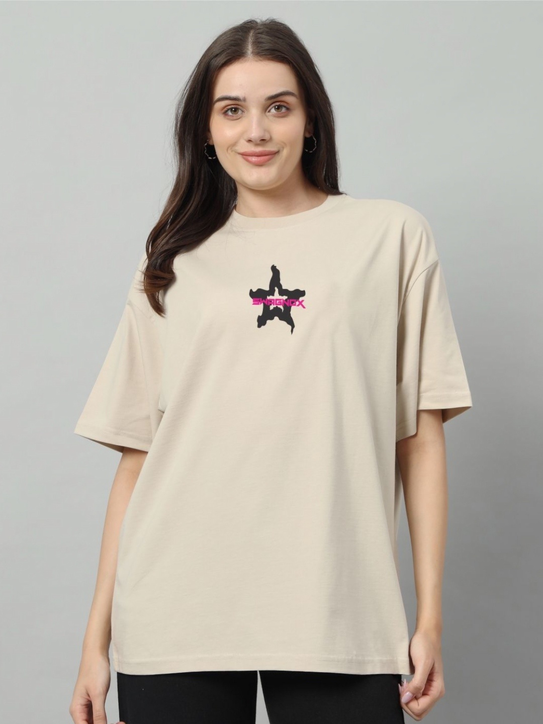 

SWAGNOX Women Graphic Printed Round Neck Cotton Oversized T-Shirt, Beige
