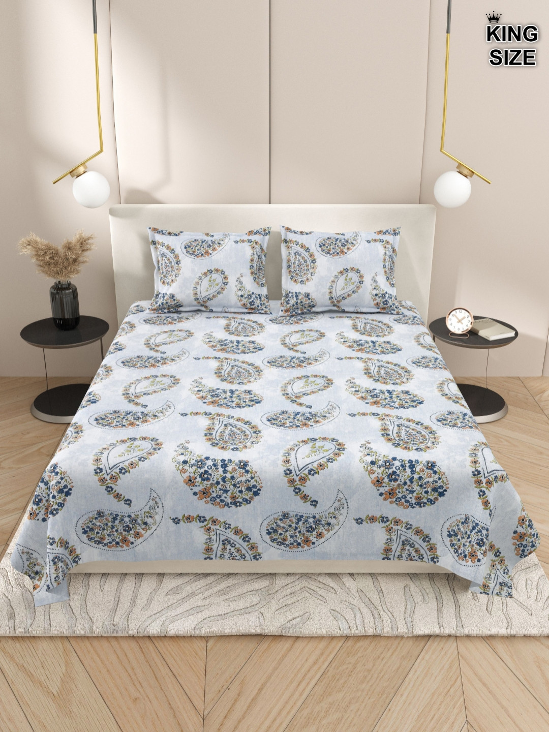 

DREAM WEAVERZ Grey & White Paisley 220 TC Cotton King Bedsheet With 2 Pillow Covers, Blue