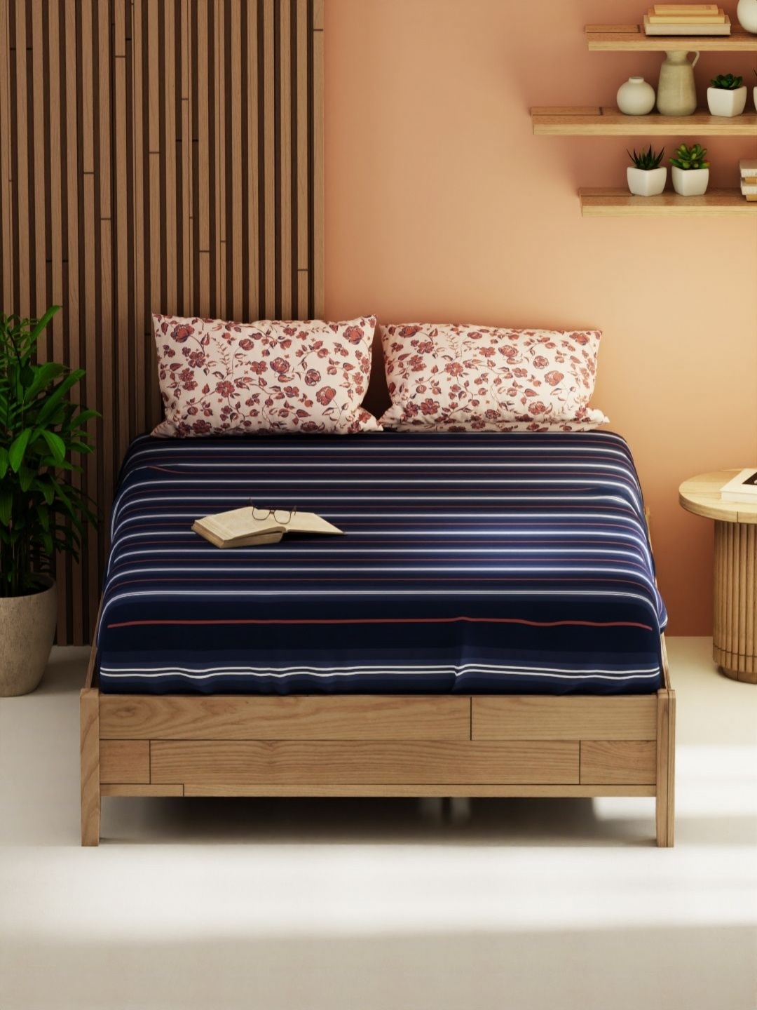 

KOPA Magnolia Blue & White Striped 152 TC Queen Bedsheet with 2 Pillow Covers
