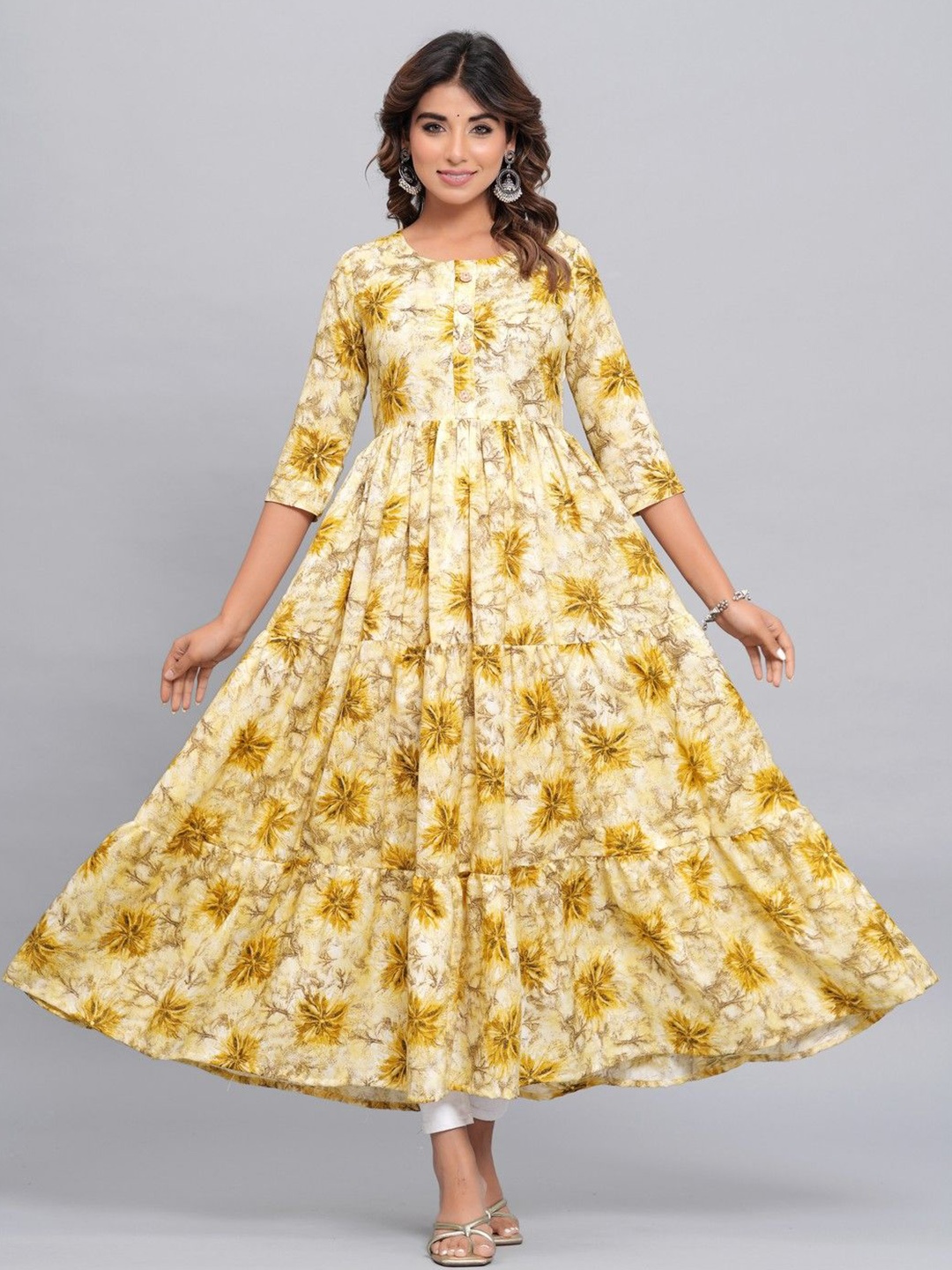 

OKD Empires Floral Printed Round Neck Tiered A-Line Kurta, Yellow