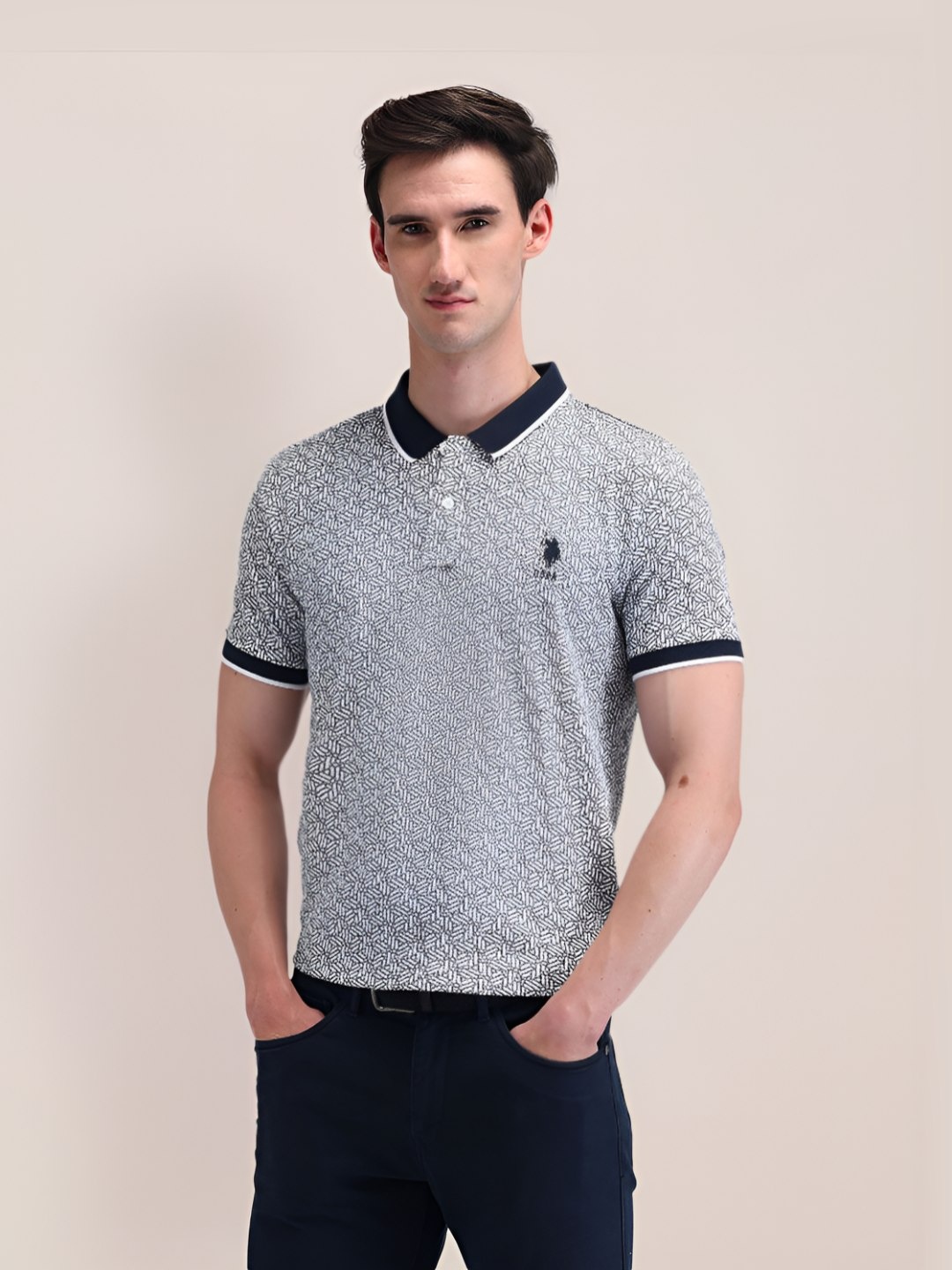 

U.S. Polo Assn. Men Geometric Printed Polo Collar Cotton Slim Fit T-Shirt, Blue