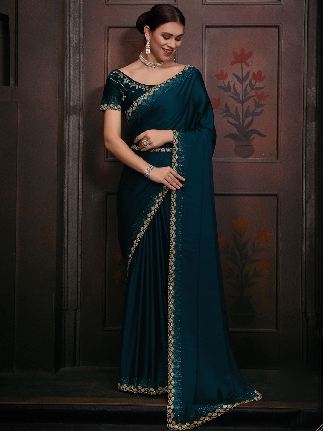 

Anouk Beads and Stones Solid Saree, Teal