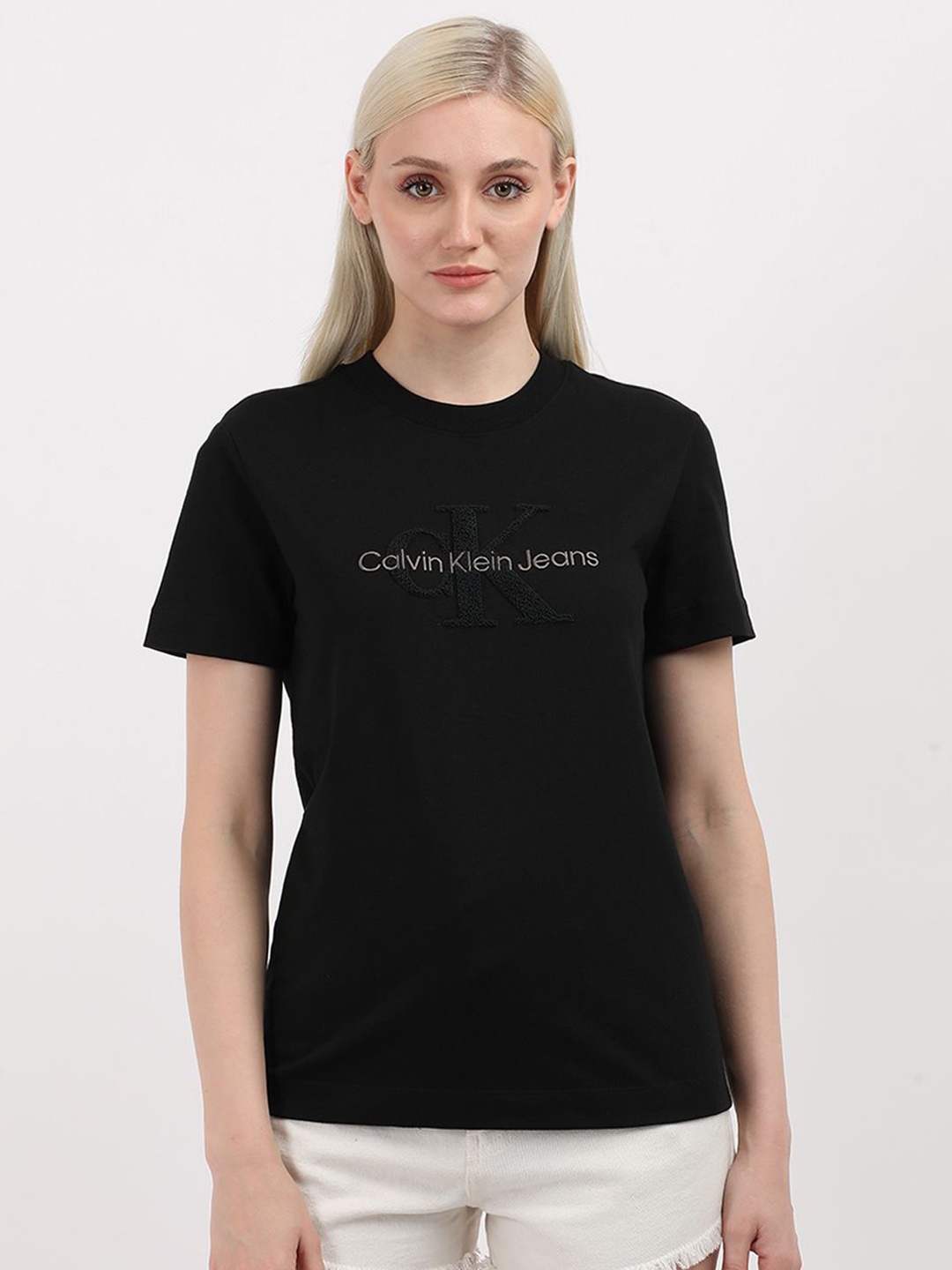 

Calvin Klein Jeans Women Brand Logo Printed Round Neck Organic Cotton T-Shirt, Black