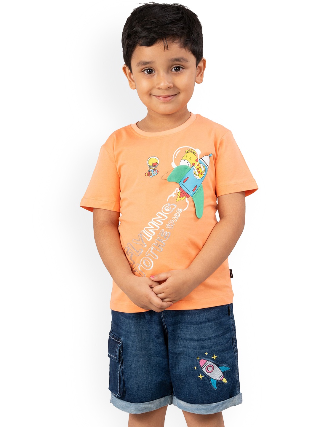 

YOUMAA Boys Printed Pure Cotton T-Shirt With Denim Shorts, Orange