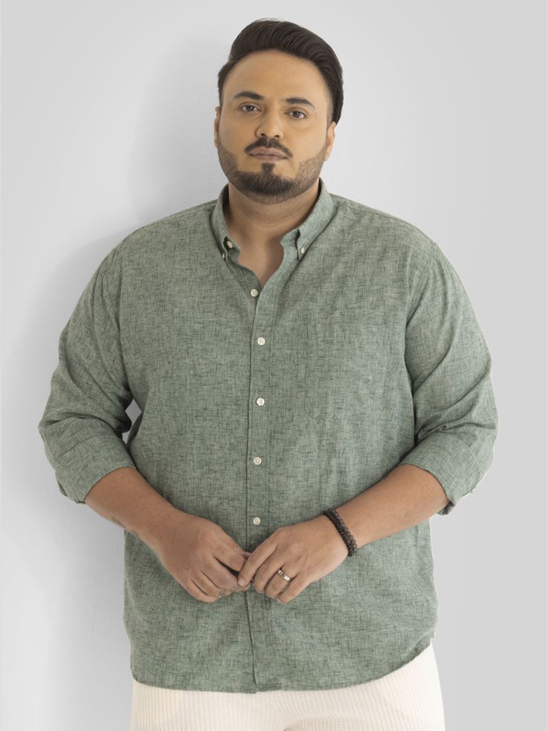 

Snitch Men Plus Size Classic Button-Down Collar Textured Solid Linen Casual Shirt, Olive