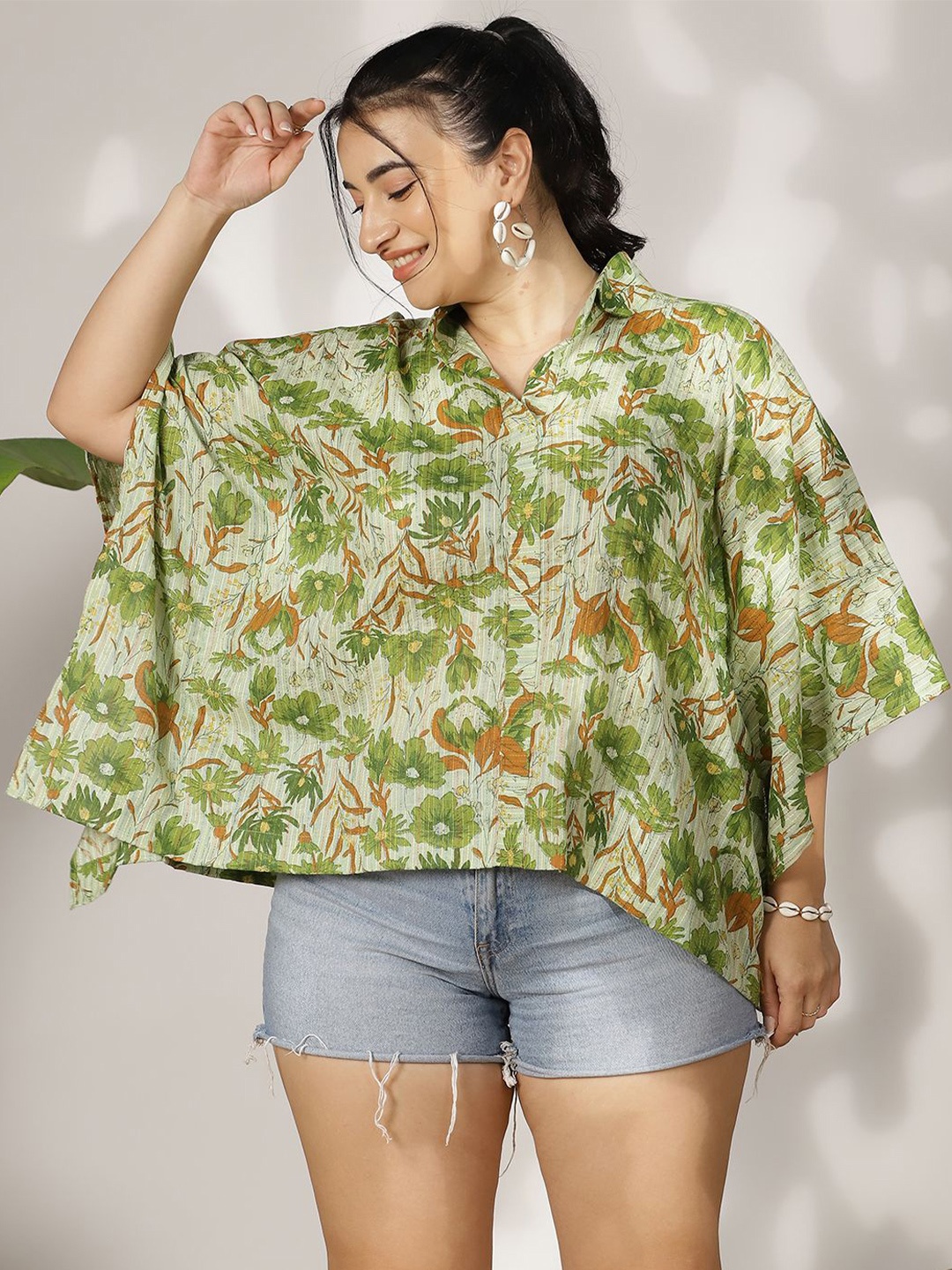 

LetsDressUp Women Tropical Printed Shirt Collar Pure Cotton Top, Green