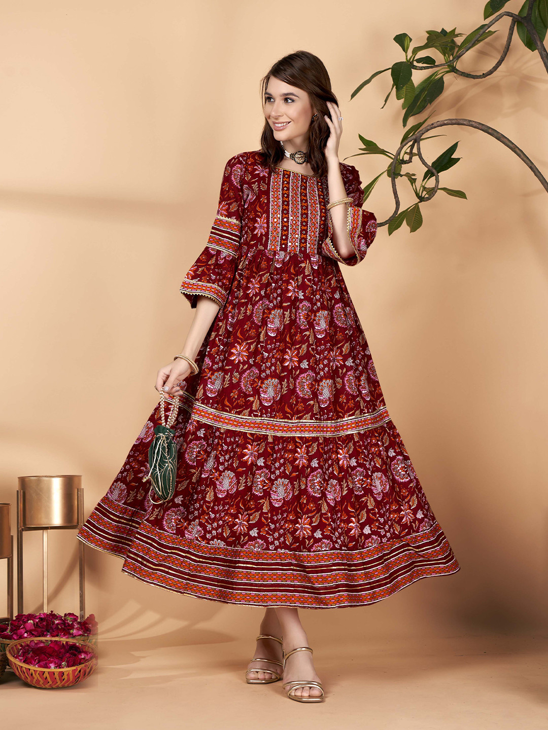 

Anouk Ethnic Motifs Print Maxi Dress, Maroon