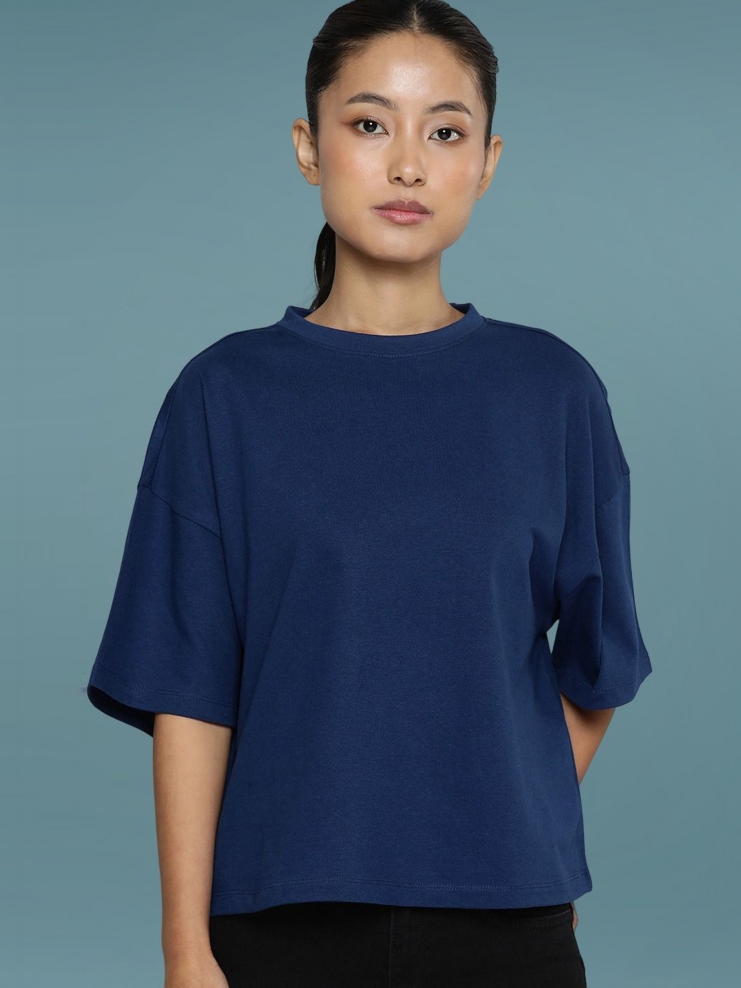 

DressBerry Women Solid Round Neck Cotton Boxy T-Shirt, Navy blue