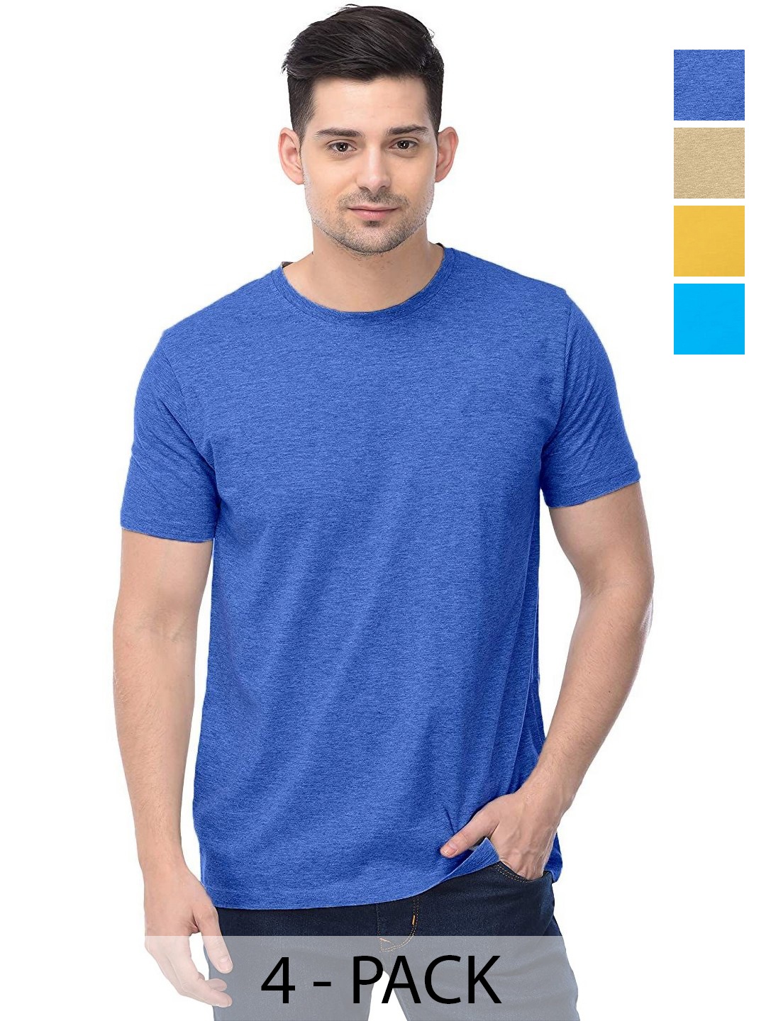 

COLOR CAPITAL Unisex Pack Of 4 Solid Pure Cotton T-shirts, Blue