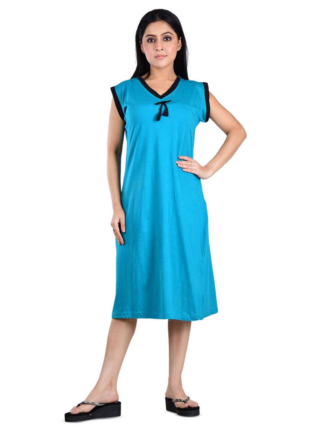 

DUI KONNA V-Neck Short Sleeves A-Line Dress, Sea green