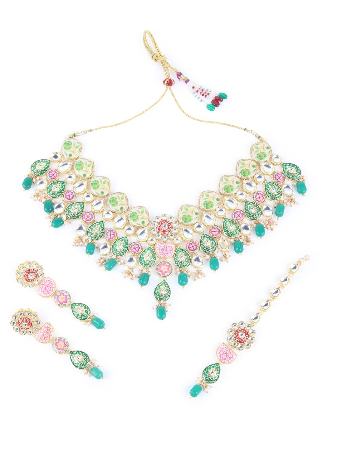 

ODETTE Stainless Steel Kundan Stones Studded & Beaded Meenakari Jewellery Set, Gold