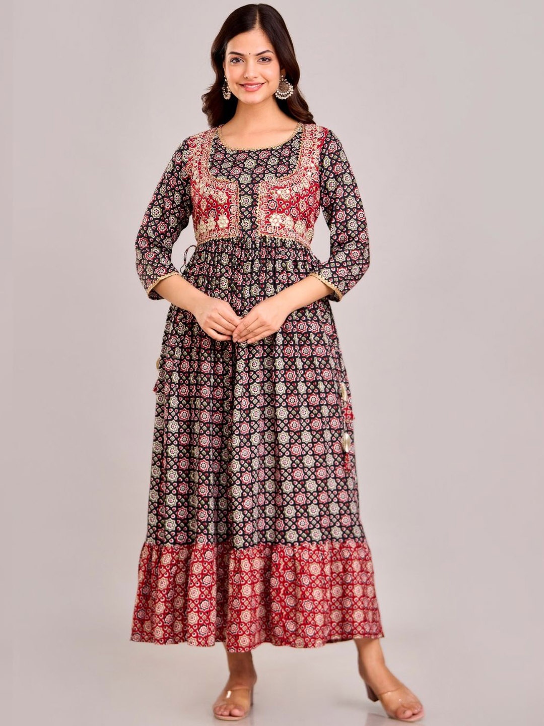 

Jaipurite Floral Printed Embroidered Round Neck Fit & Flare Ethnic Dress, Black