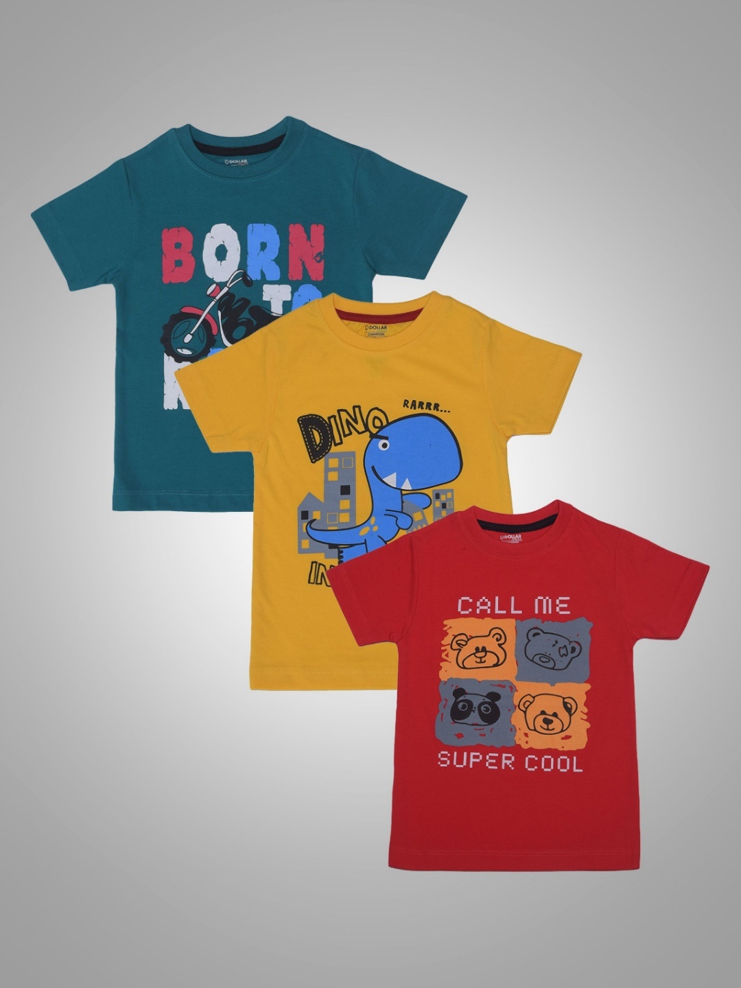 

Dollar Champion Kidswear Boys Pack Of 3 Graphic Printed Round Neck Cotton T-Shirts, Teal