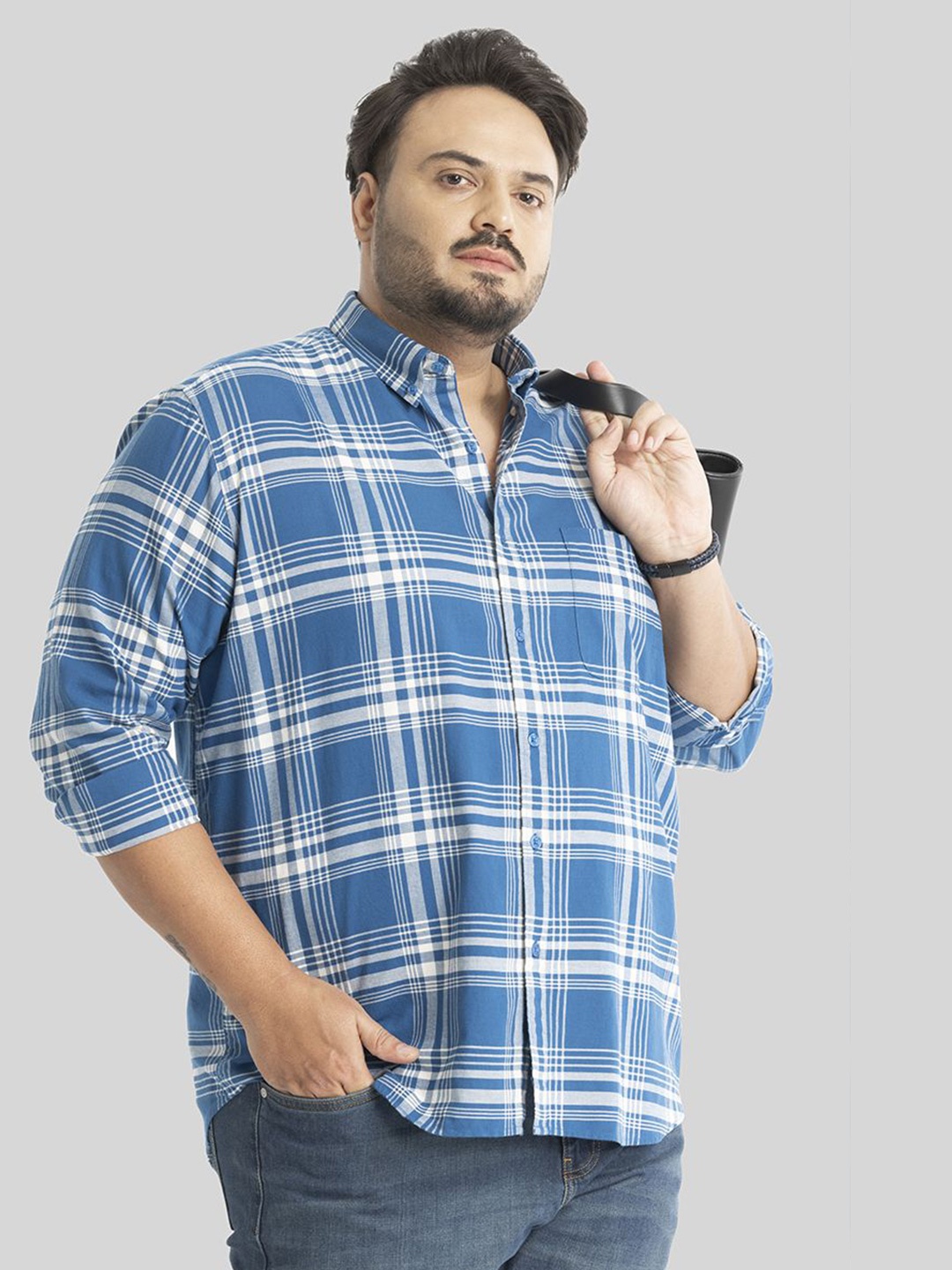 

Snitch Plus Size Men Relaxed Tartan Checks Opaque Checked Casual Shirt, Blue