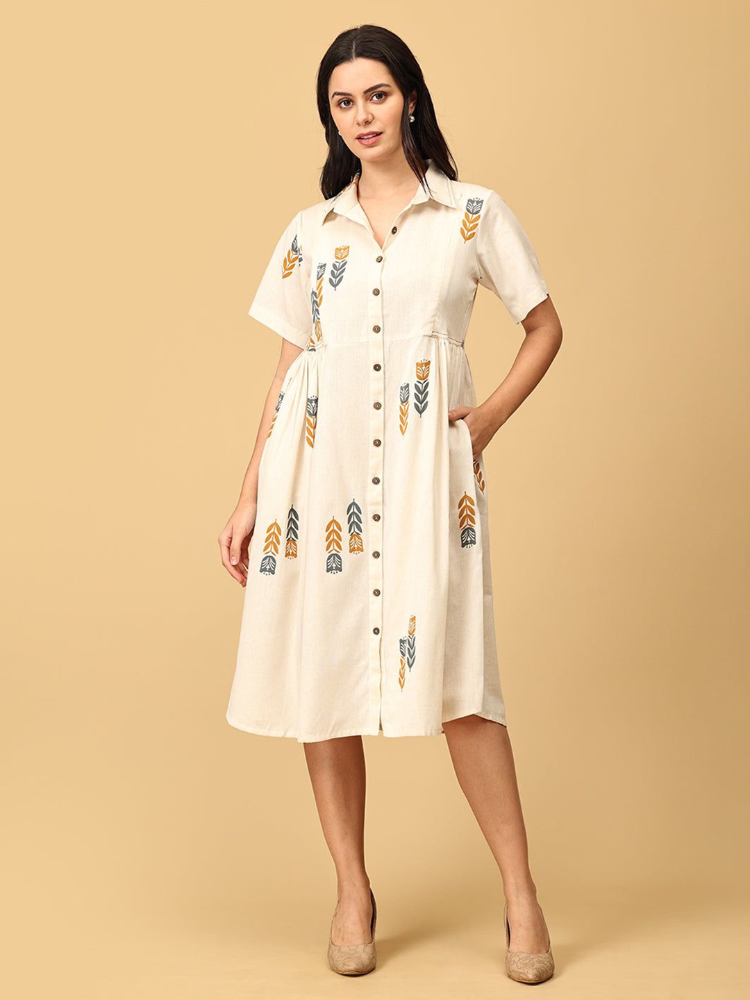 

The Woman Store Floral Printed Shirt Midi Dress, Off white