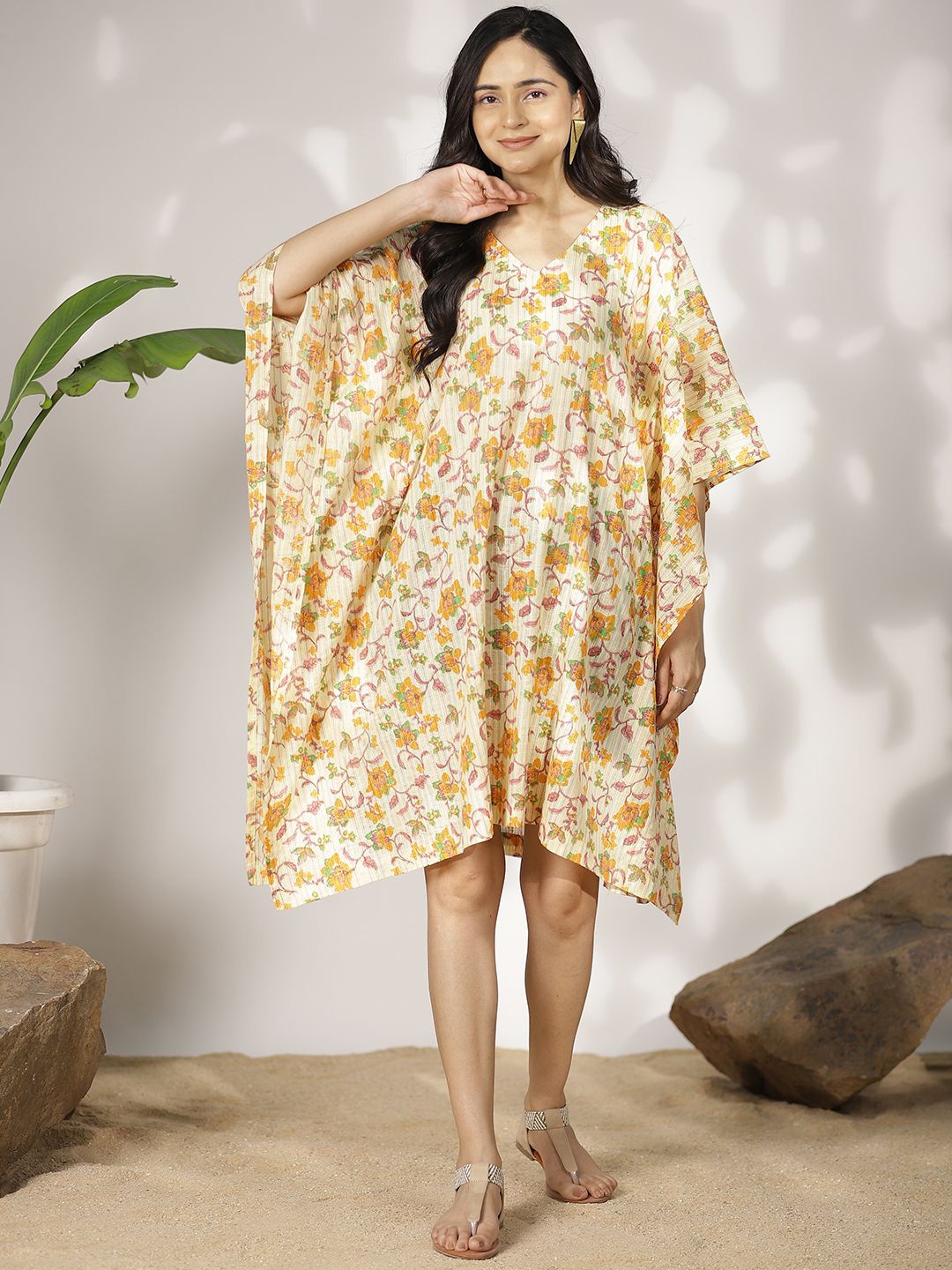 

LetsDressUp Floral Printed V Neck Cotton Kimono Sleeves Kaftan Dress, Yellow