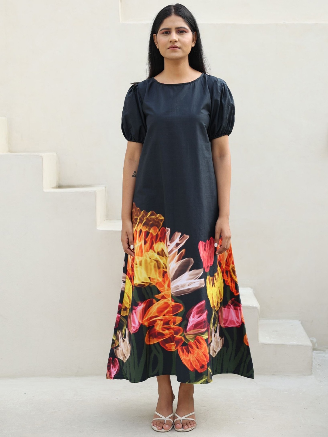 

RadhaRaman Floral Printed Cotton Puff Sleeve A-Line Maxi Dress, Black