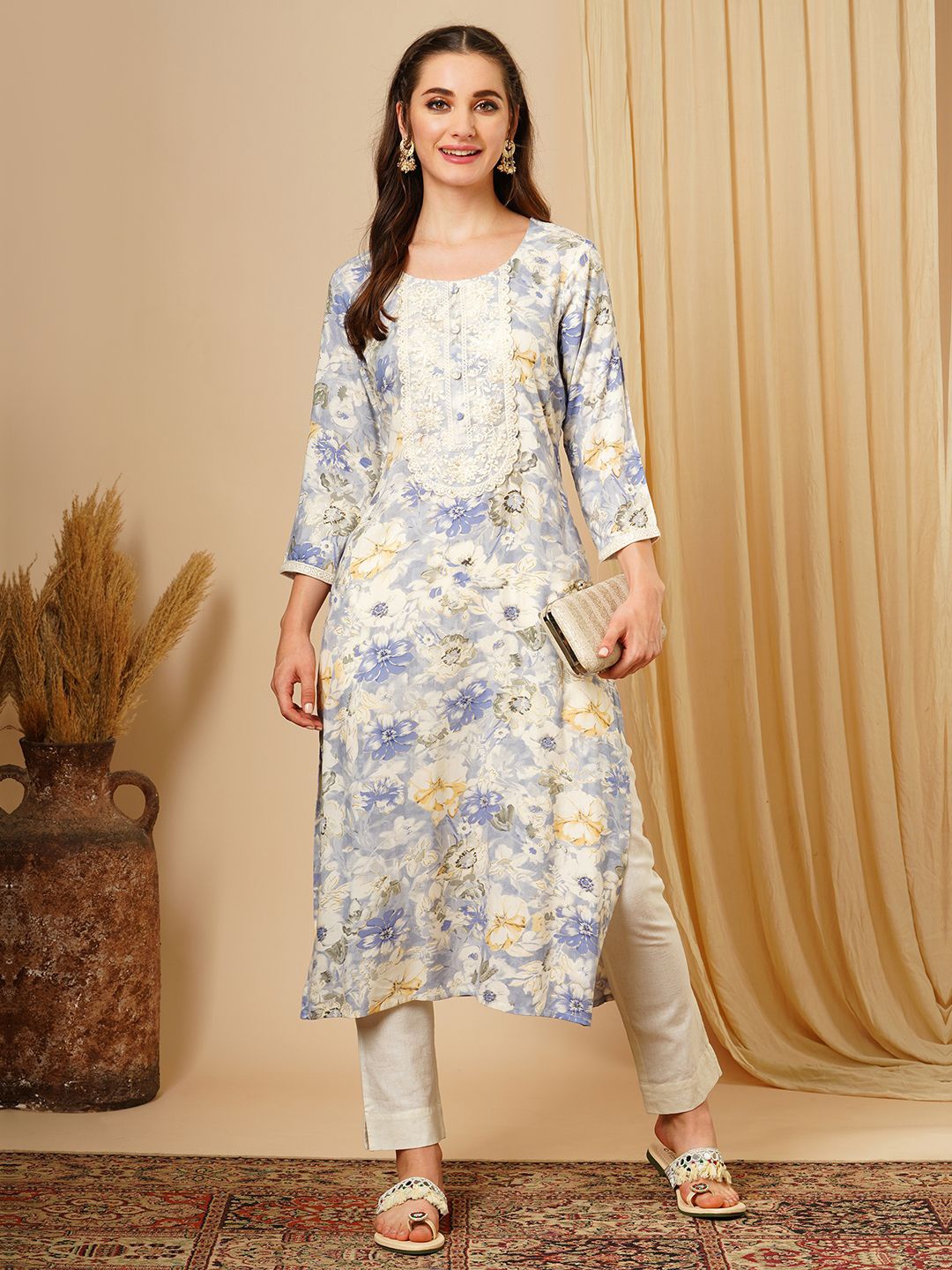 

Globus Blue Floral Foil Printed Sequinned Straight Kurta